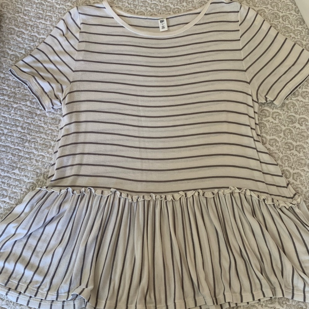 BP Cream and Grey Striped Short Sleeve Top